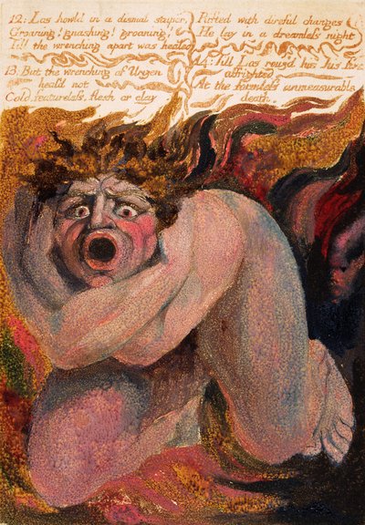 "12: Los howld in a dismal stupor...", planche 10 fra "The First Book of Urizen", 1794 (farvetrykt reliefradering med blæk og wc) af William Blake